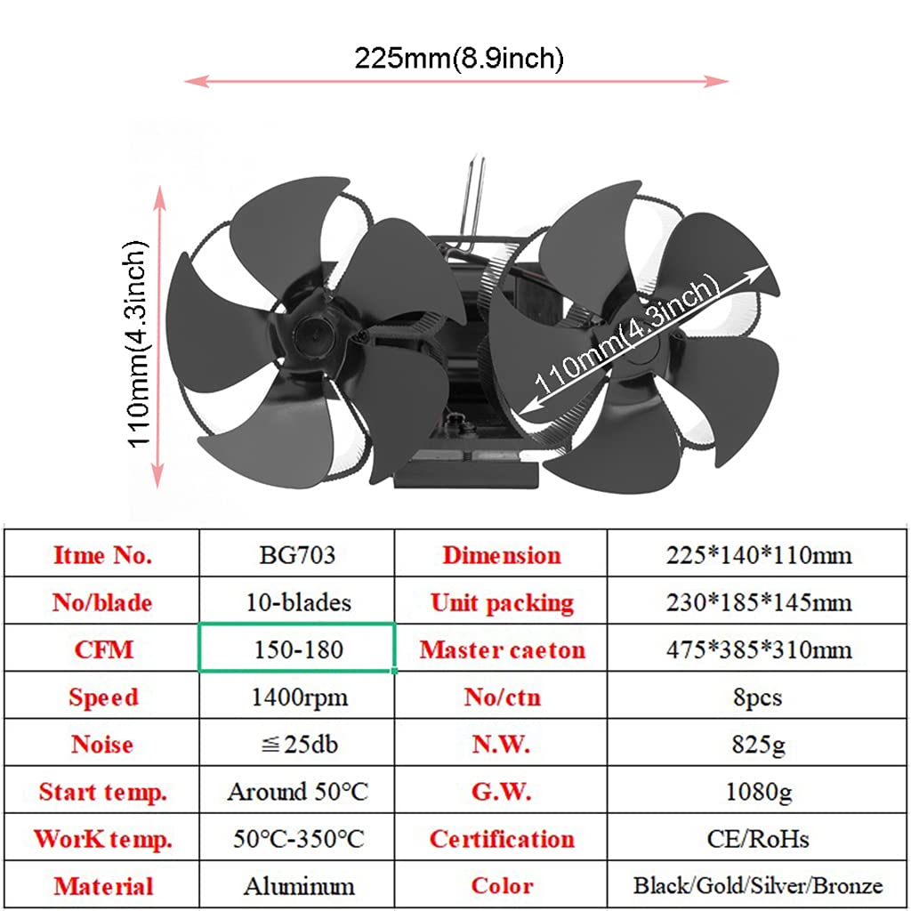 10 ventiladores de estufa para el hogar, ventilador alimentado por calor, distribución eficiente del calor para troncos de madera, hogar silencioso BG703