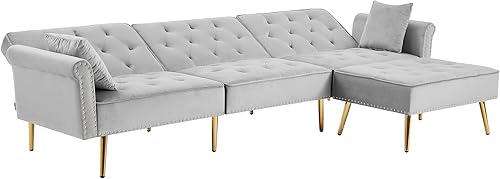 Miniatura 10 de Sofá seccional tapizado de terciopelo en forma de L, sofá cama convertible con diván reversible, otomana movible para el hogar, oficina,