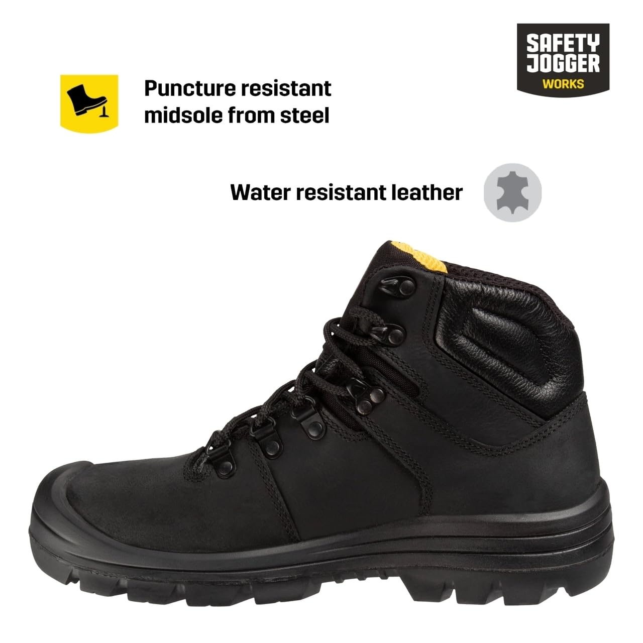 SAFETY JOGGER Obuwie ochronne - Vesuvio S3 - wodoodporne skórzane buty robocze ze stalowym noskiem, antypoślizgowa podeszwa, odporna na przebicie, dla mężczyzn i kobiet, czarny, 43 EU