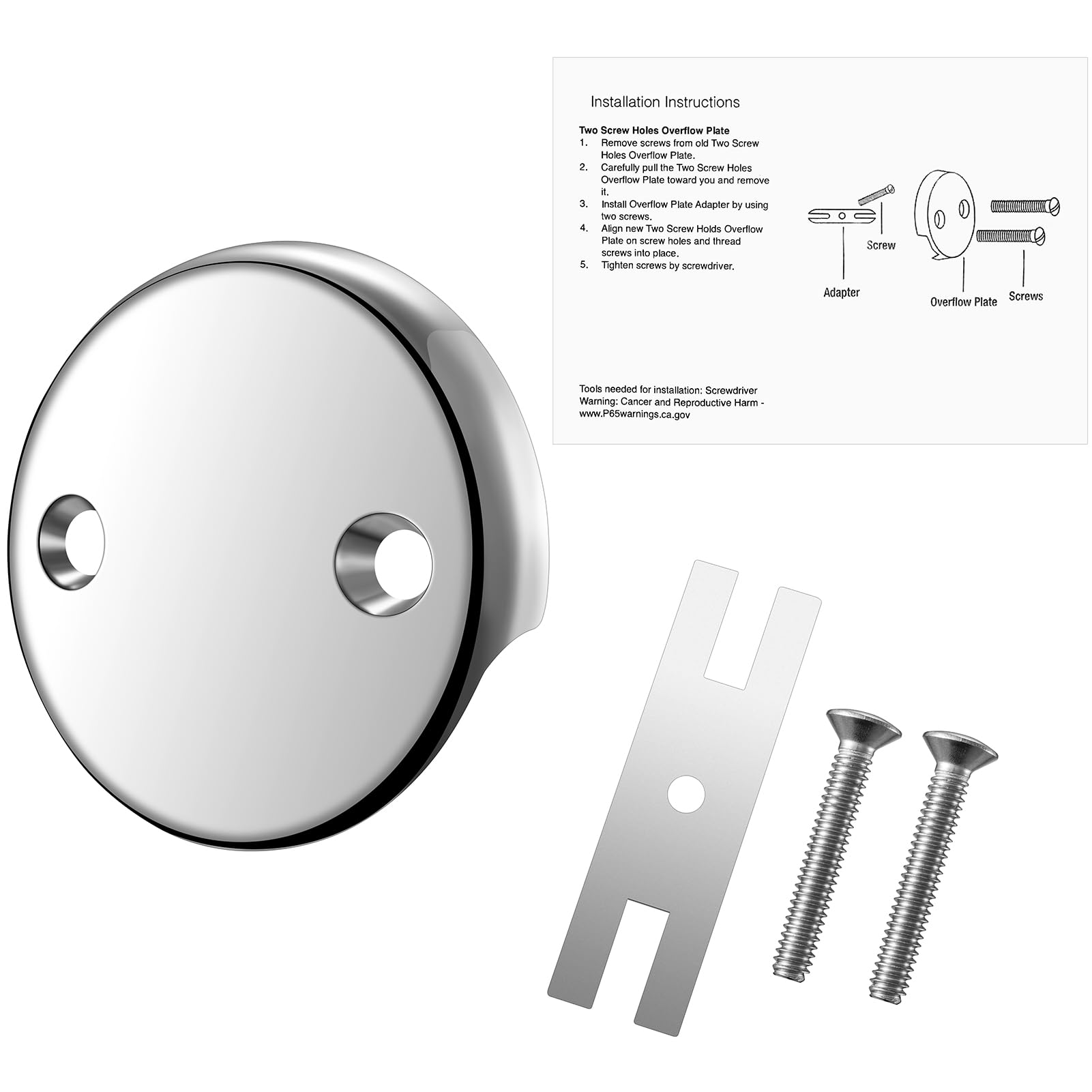 Photo 1 of 2-Hole Bathtub Overflow Cover Plate with Adapter, Chrome Finish