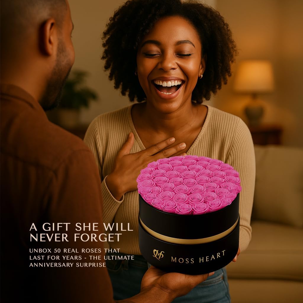 50 Preserved Roses in Designer Round Box, Real Forever Roses, Long-Lasting 1+ Year, No Watering, Luxury Home Décor Arrangement, Valentine’s Day Gift for Wife or Girlfriend - Image 5