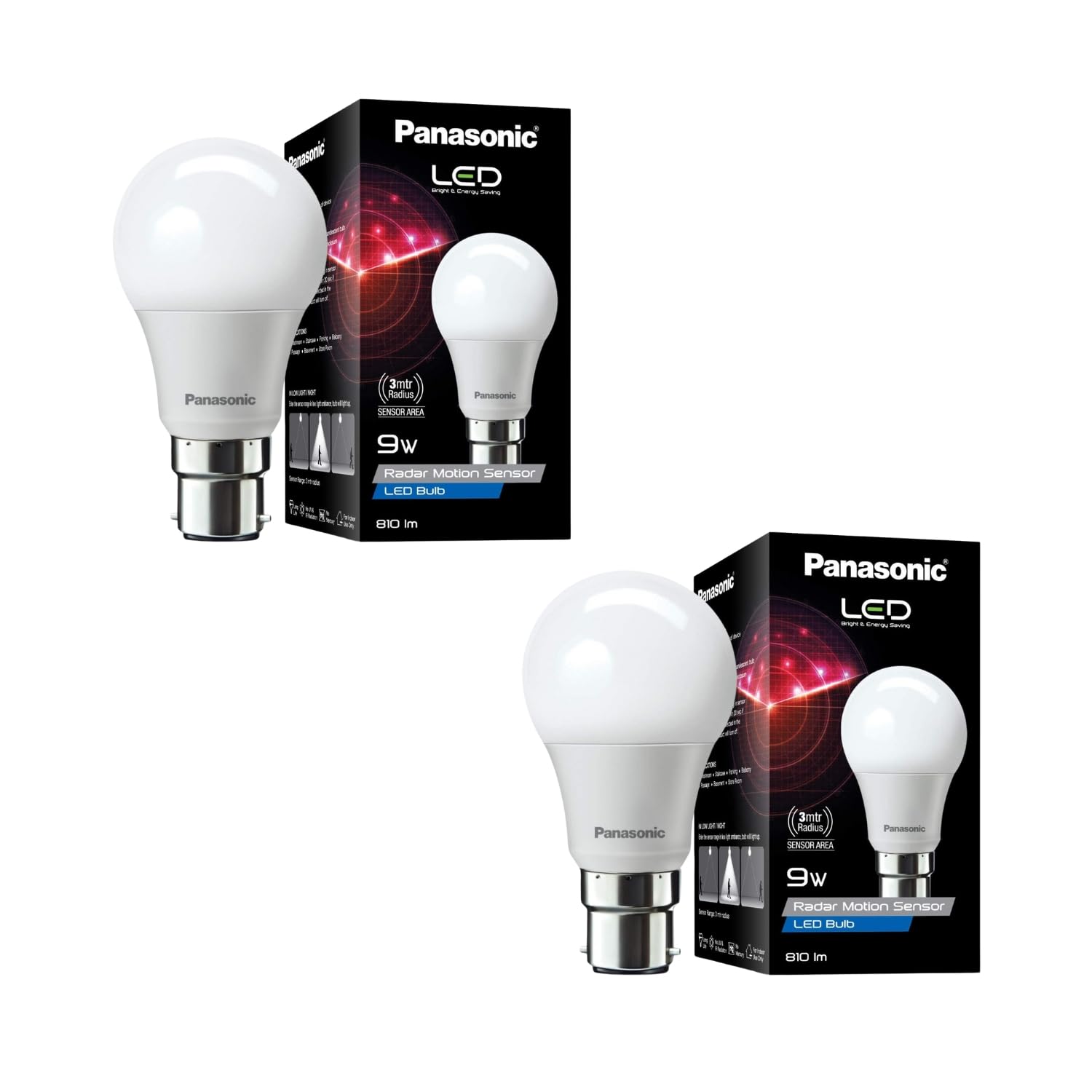 Panasonic 9 Watt Motion Sensor LED Bulb for Home with 3 Mtr Radius Sensor Area, Auto Off After 15 Sec, 1 Yr Warranty (PK2)