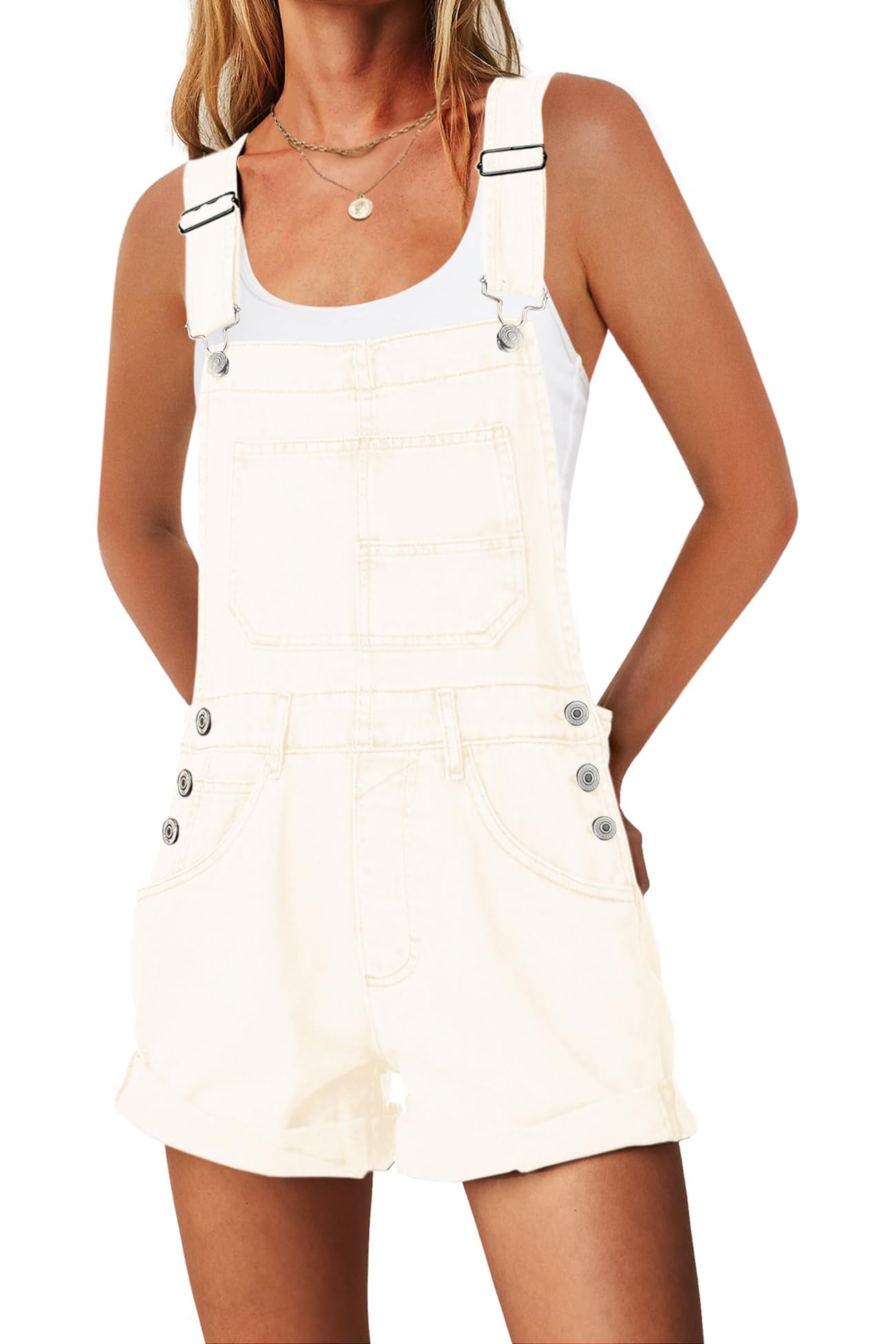 ReachMe Womens Casual Adjustable Bib Overall Shorts Classic Cuffed Hem Shorts Romper Vintage Shortalls with Pockets
