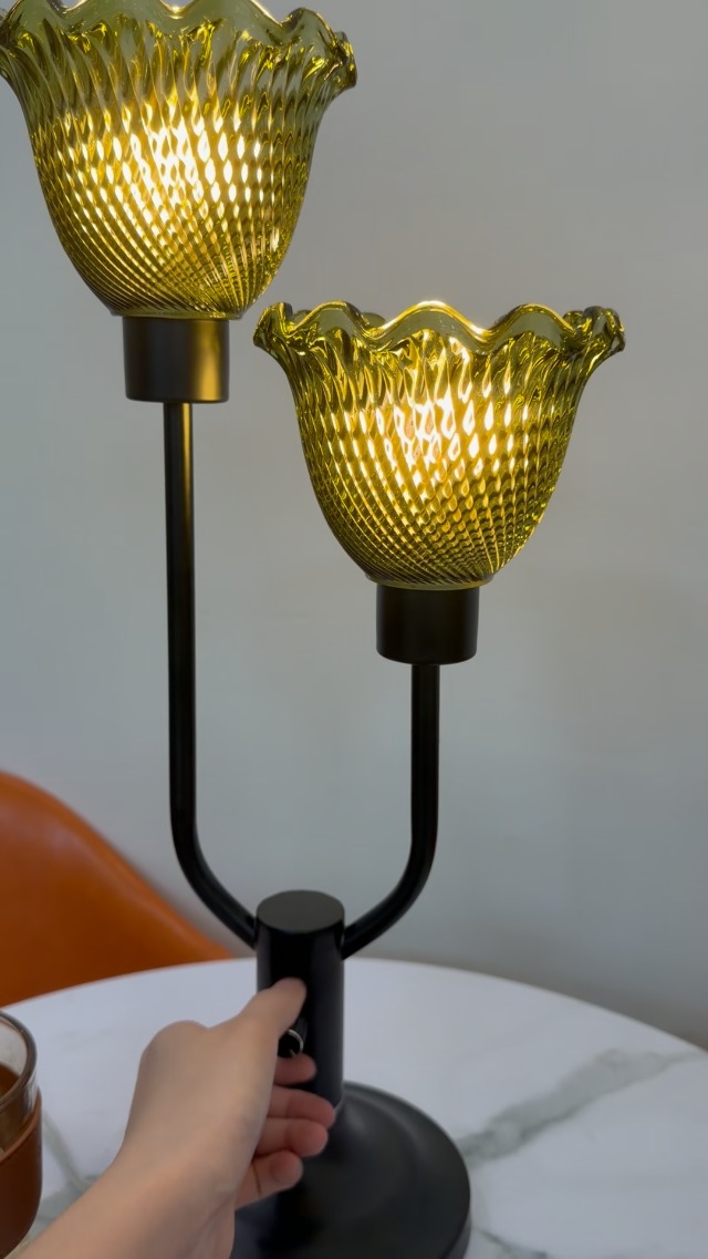 Image of Lightdot Green Glass Flower Table Lamp for Bedroom Vintage Dimmable Lamp