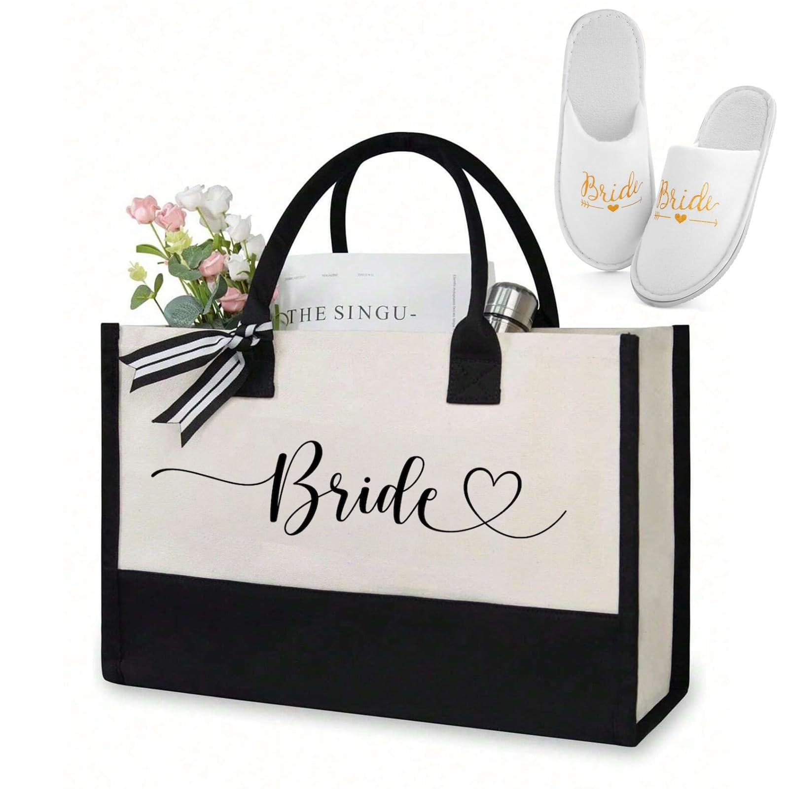 WHENZOO 2 Pcs Bride Gifts Sets, Bride Canvas Tote Bag & Spa Slippers, Bridal Shower Wedding Bachelorette Bride Gifts Shoulder Bag, Reusable Shopping Bags for Wedding Day Engagement Proposal Hen Party