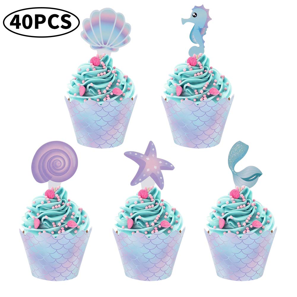 Buy 40 Pieces Mermaid Cupcake Toppers and Wrappers Decorations with ...