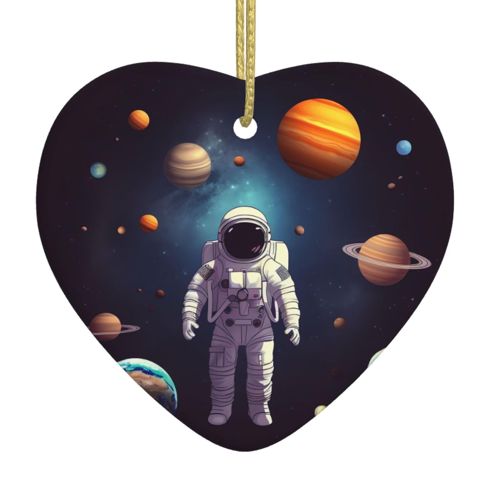 Ceramic Christmas Tree Hanging Ornaments with Gold Ropes Christmas Tree Decorations Heart Ceramic Astronaut Solar System Planets Pendant Keepsake Decorations for Holiday Xmas Gift Ideas