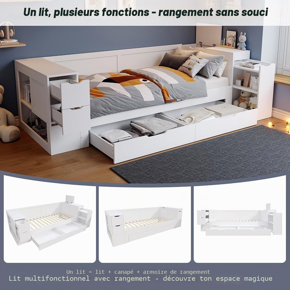 PUGSDRLY Lit Daybed Simple 90 x 200 cm, lit d'enfant Multifonctionnel avec tiroirs, étagères et Espace de Rangement, Bed Frame avec Table de Nuit,avec Espace de Rangement, sans Matelas, Blanc