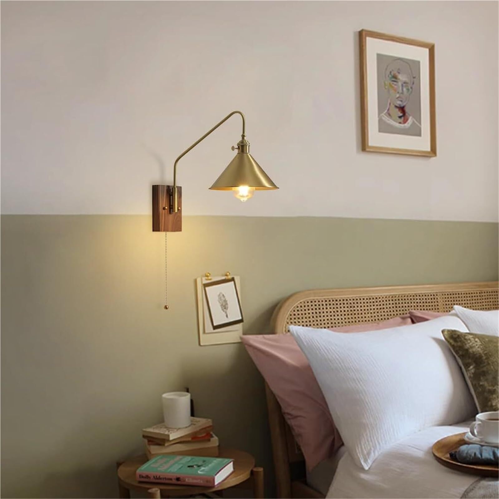 moderm regulowana mosiężna lampa ścienna z przełącznikiem łańcuchowym, podstawa z orzecha włoskiego do salonu, sypialni, hotelu
