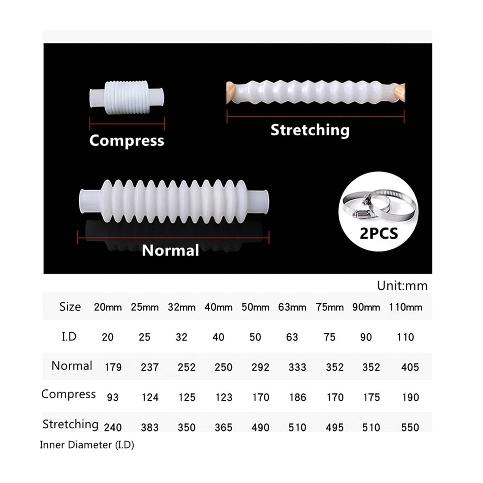 Tubo corrugado de silicona de 20 a 110 mm de diámetro interior, manguera de goma flexible de PVC for expansión y flexión, conexión roscada.(90mm)