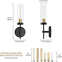Vista 5 de Juego de 2 apliques de pared modernos, luces de tocador de baño negras y doradas con vidrio transparente, juego de 2 apliques de pared con cableado