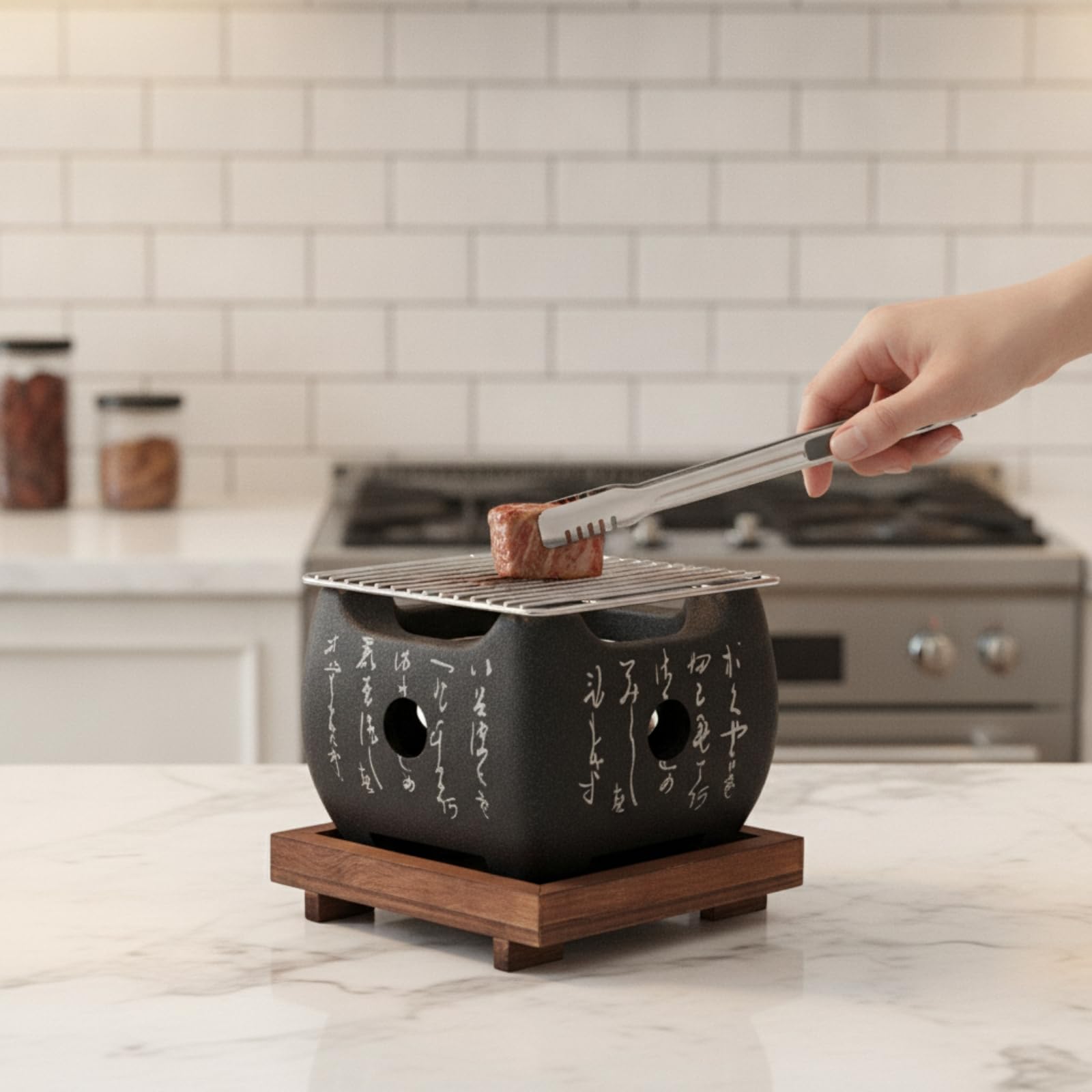 Griglia da Tavolo a Carbone Giapponese Braciere con Base in Legno Portatile Mini Barbecue a Carbone per Coppie, Casa, Giardino