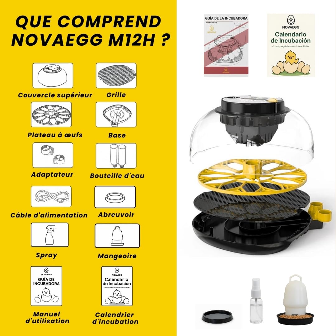 COUVEUSE ŒUFS AUTOMATIQUE pour tous types d’oiseaux | 12-16 œufs | contrôle température, humidité et retournement | calendrier, mangeoire, abreuvoir, guide | sans batterie, secteur 35W