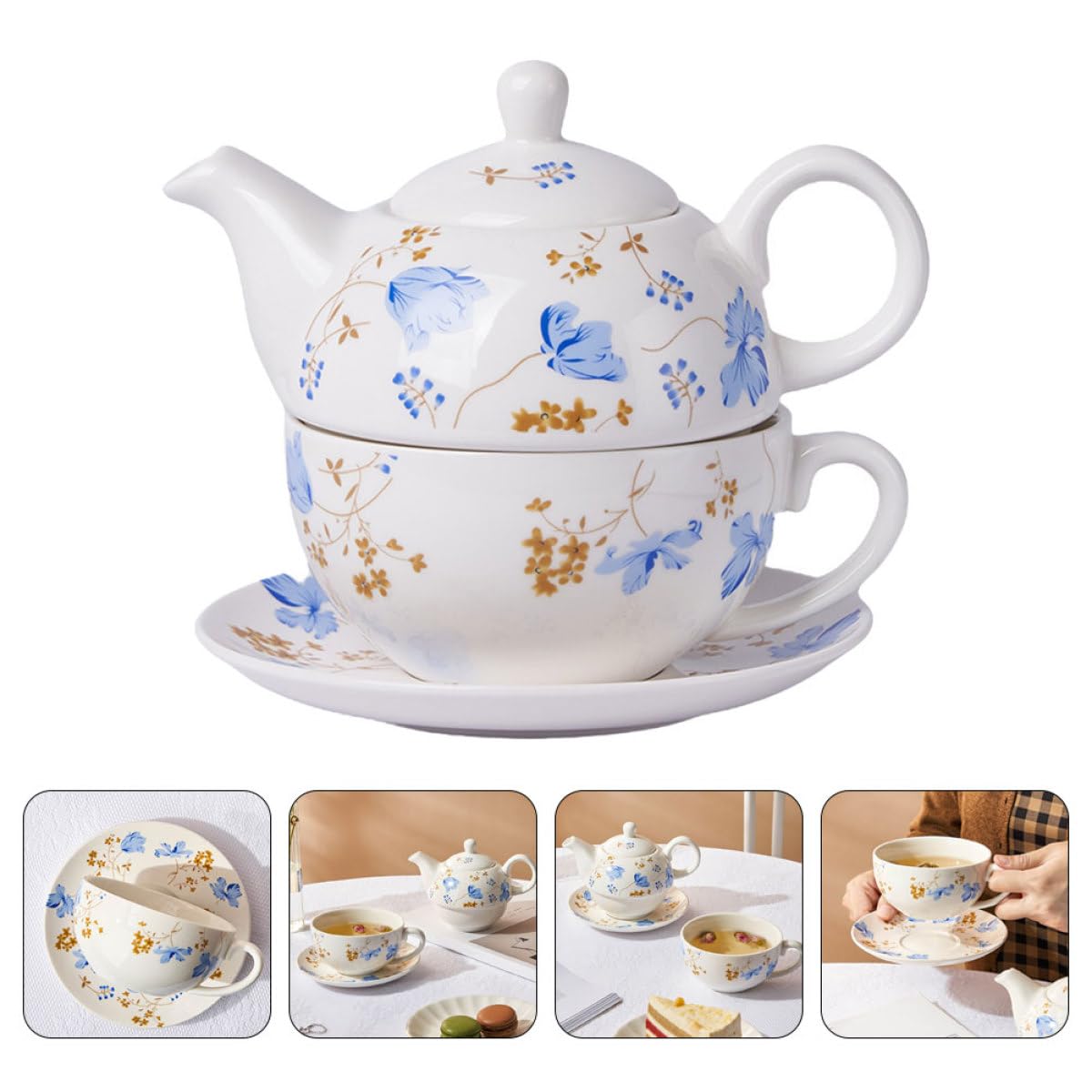 Abaodam Juego de Té de Cerámica con Tetera de 480ml y Taza de 350ml, Diseño Retro y Superficie Delicada, Adecuado para Hojas Sueltas y Agua de Frutas en Festivales o Regalos