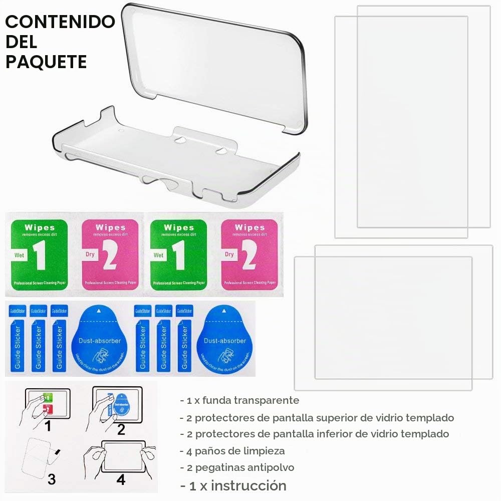 Funda rígido para Nintendo New 2DS XL con Protector de Pantalla, AFUNTA Case Dura y Transparente, con 4 Vidrio Templado Películas de protección para Pantalla Superior e Inferior
