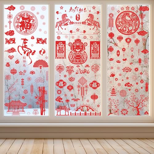 Image of 9 Sheets Chinese New Year Window Clings, Horse Year Decor for Window, 2026 Lunar New Year Decorations, Red Spring Festival Decals Double-Sided Stickers for Festival Family Gathering Door Wall Decor