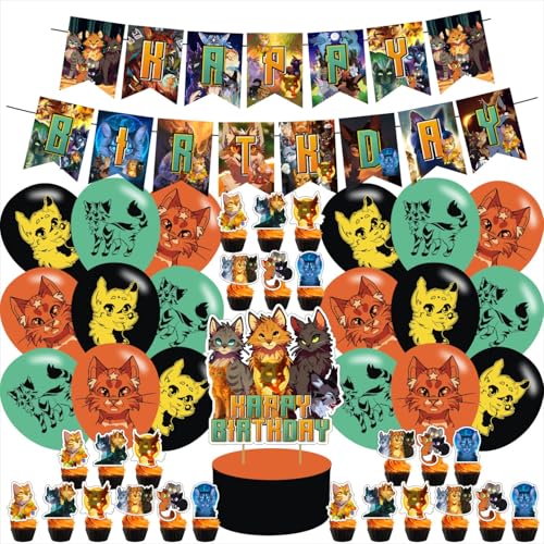 𝗪𝗮𝗿𝗿𝗶𝗼𝗿𝘀 Birthday Party Decoration,Include Kids Anime 𝗖𝗮𝘁𝘀 Theme Banner, Cake Topper, Latex Balloons for Fans Birthday Party Supplies, Blue