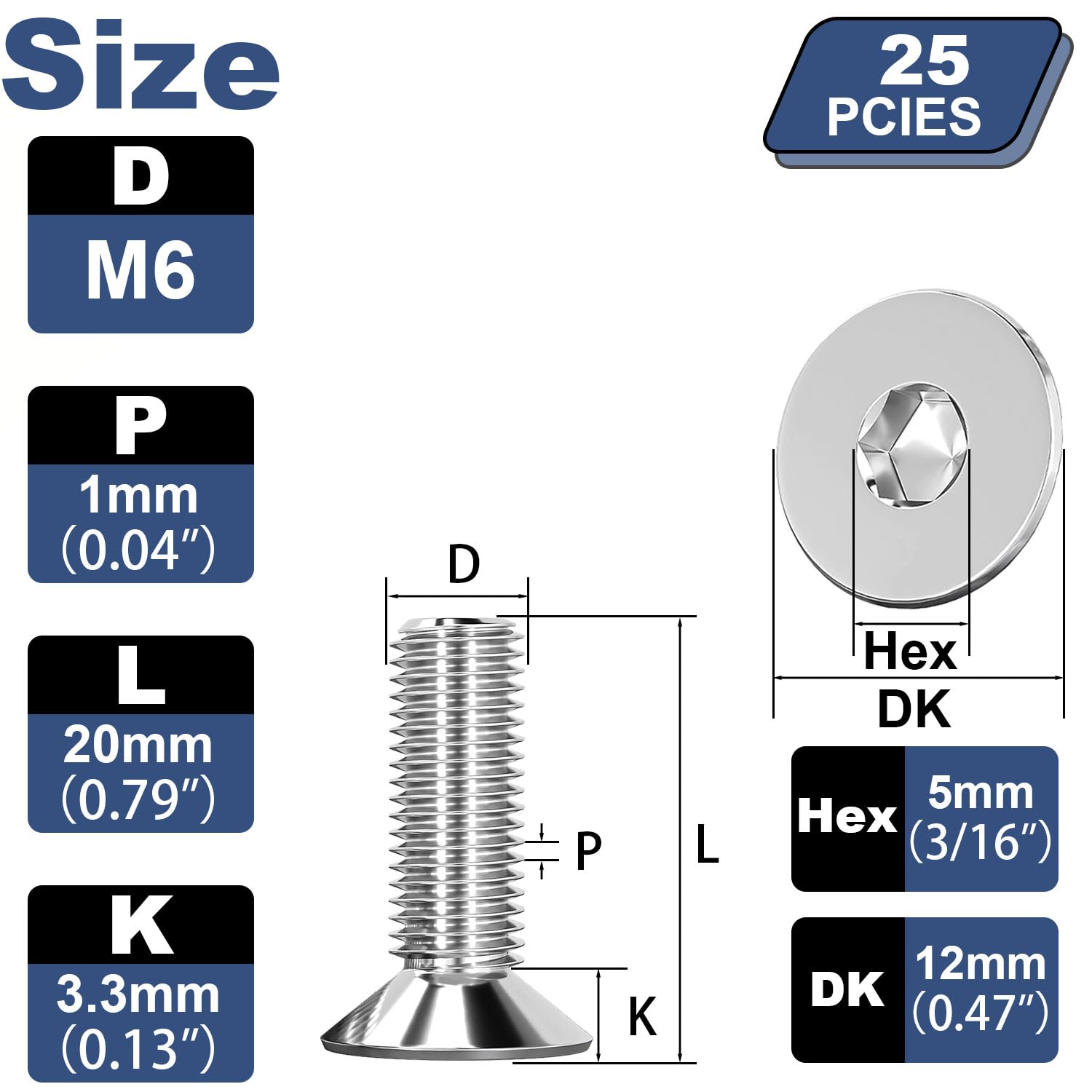 Humyu M6 Hex Bolts, M6 Countersunk Bolts 20mm, 304 Stainless Steel Flat Head Socket Cap Screws Bolts, Full Thread Fasteners - Image 2