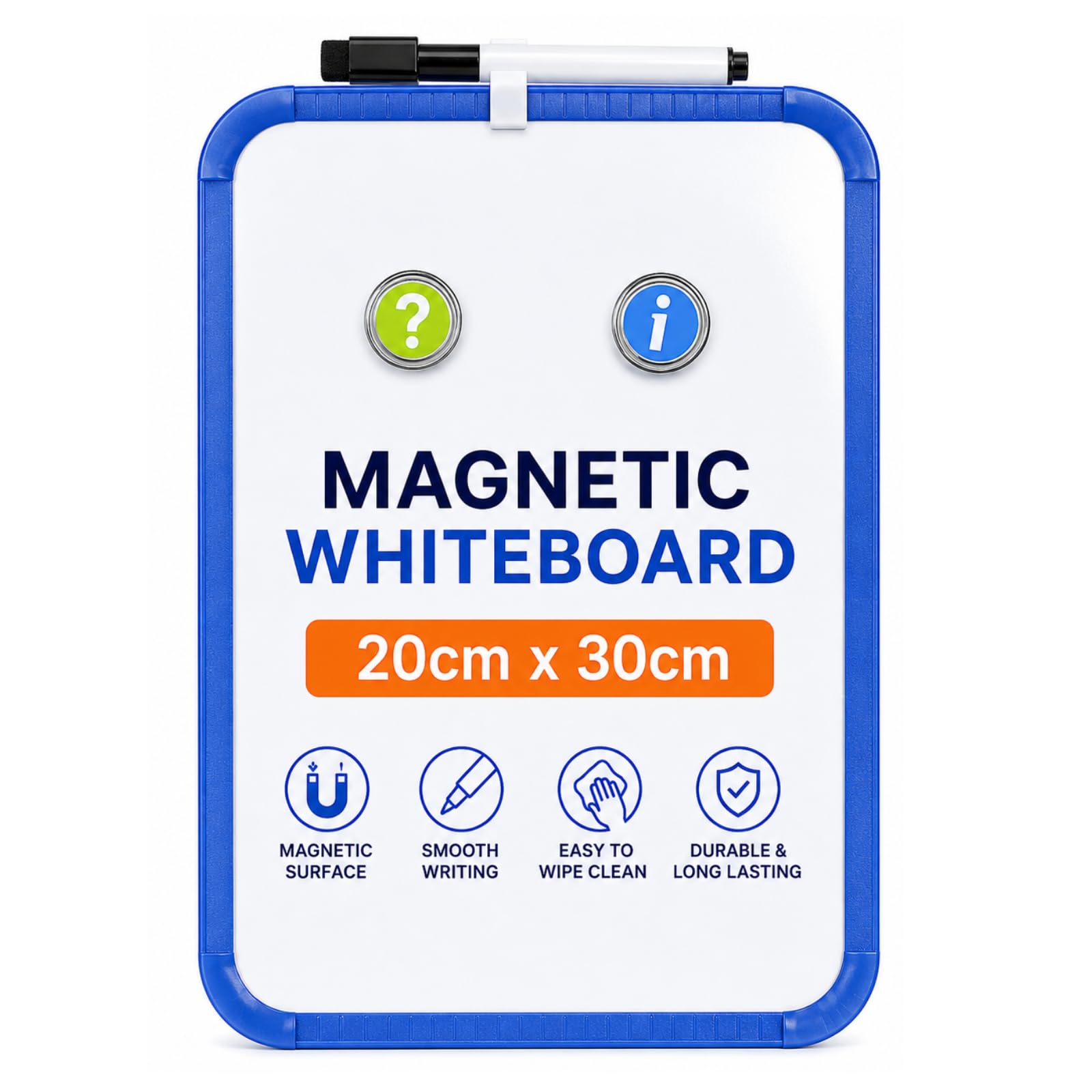 Magnetic Whiteboard 20 x 30 cm, Dry Erase White Board with 3-in-1 Marker, 2 Magnets & Removable Clip Holder, Wall Mounted Memo Board for Home, Office, School, Kitchen & Study