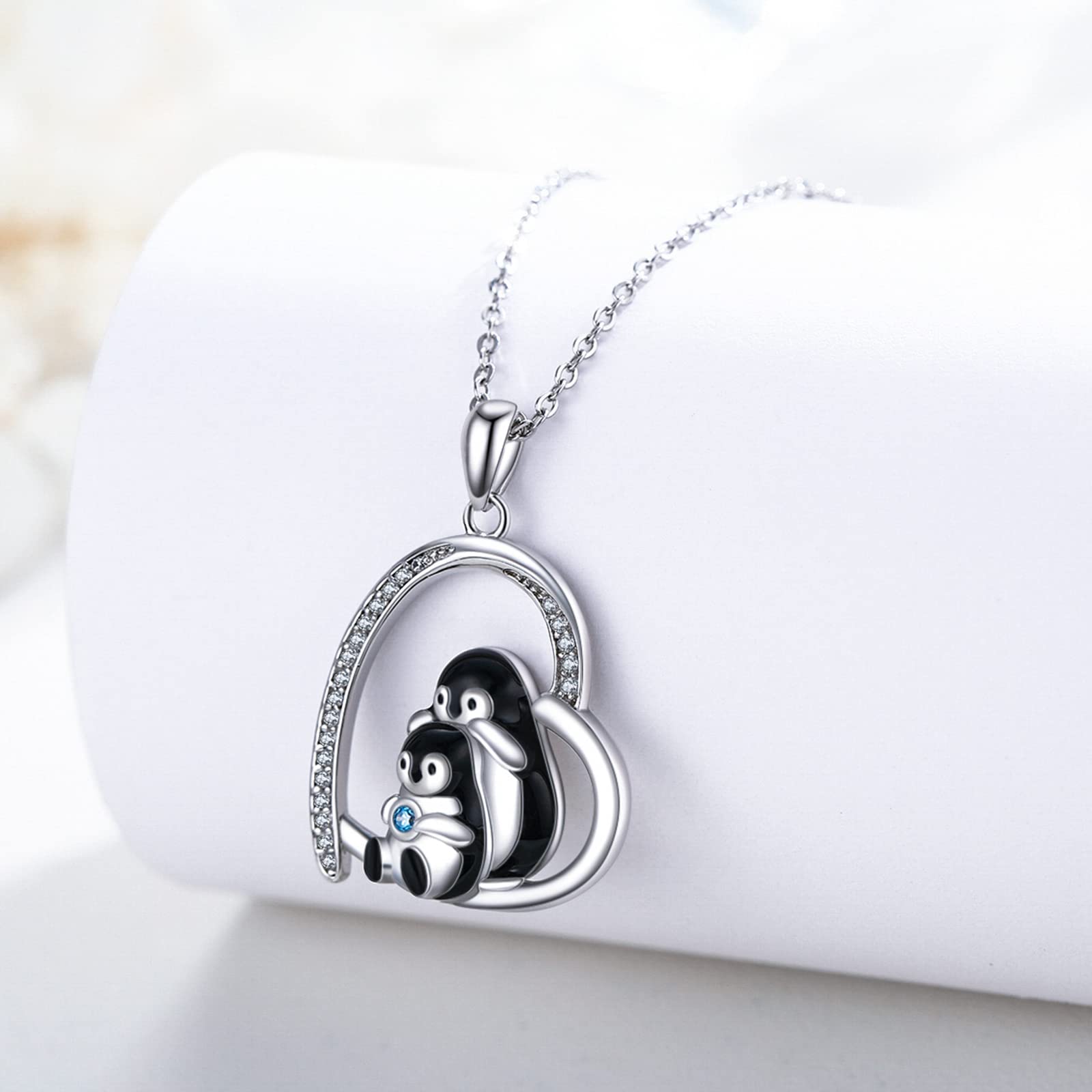 REDSUN Collar de pingüino de plata de ley 925 con colgante de corazón de animales, cadena de pingüino, regalos para mujeres con circonita, día de la madre, regalo para madre e hija