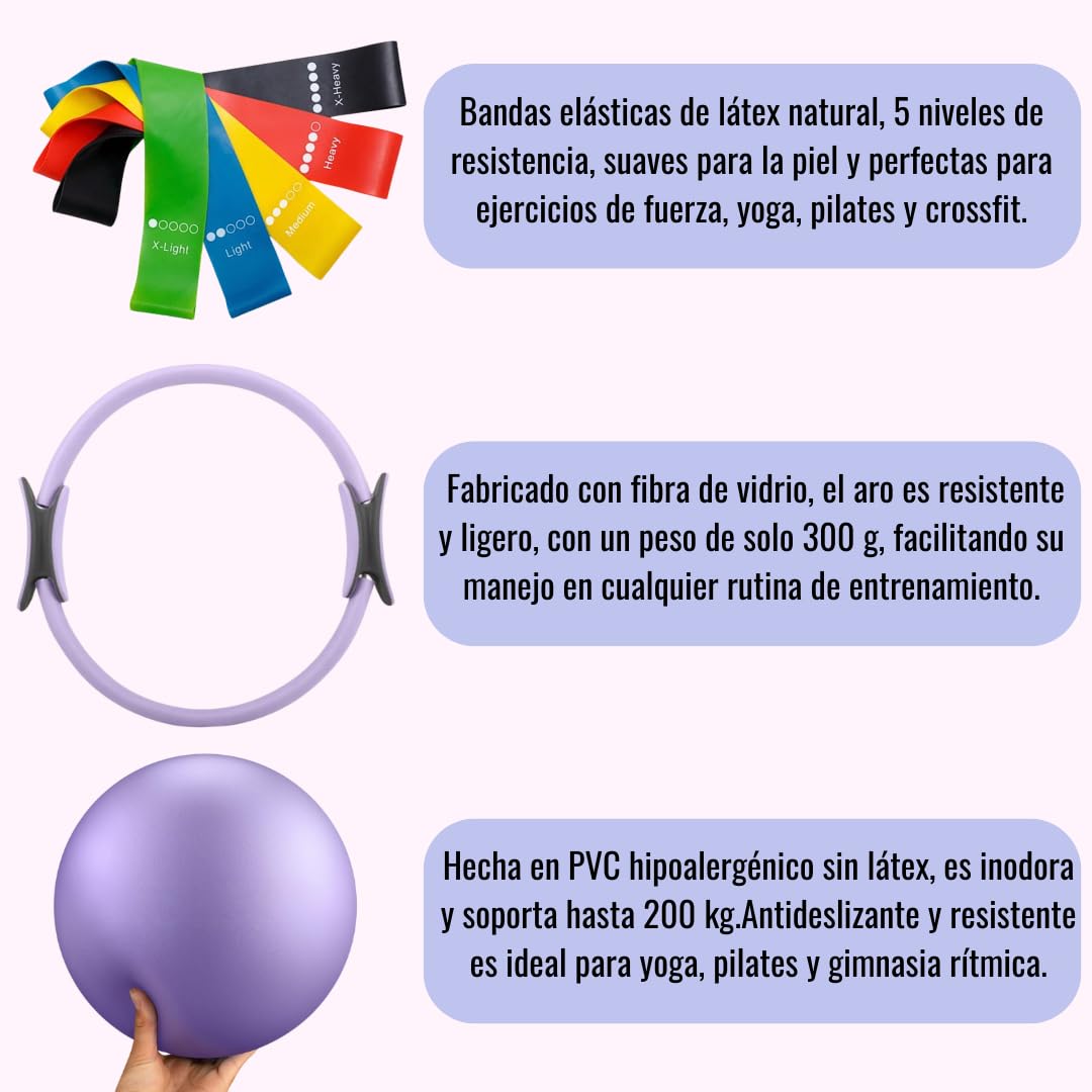 Set de 5 Bandas Elásticas Fitness,Pelota Pequeña de Pilates,Aro de Pilates,Kit de Pilates para Ejercicio en Casa,Cintas Elásticas musculación,Bandas de Resistencia con QR Clases Gratuitos