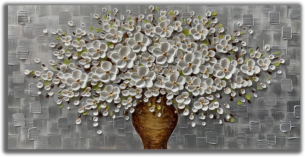 Cenoi ArtPaintingContemporary Abstract Oil Painting Hand Painted Texture Silver Background White Flower Art Oil Painting Modern Flower Canvas Wall Painting Bedroom Wall Decoratio Abstract wall art