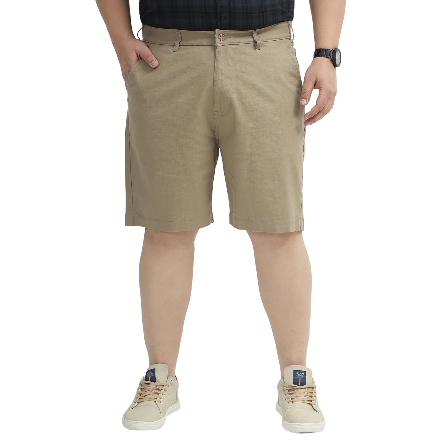 john pride Plus Size Men Regular Fit Cotton Linen Khaki Knee Length Elasticated Waist Chino Shorts (JPSOC13081_Khaki)-picture-32