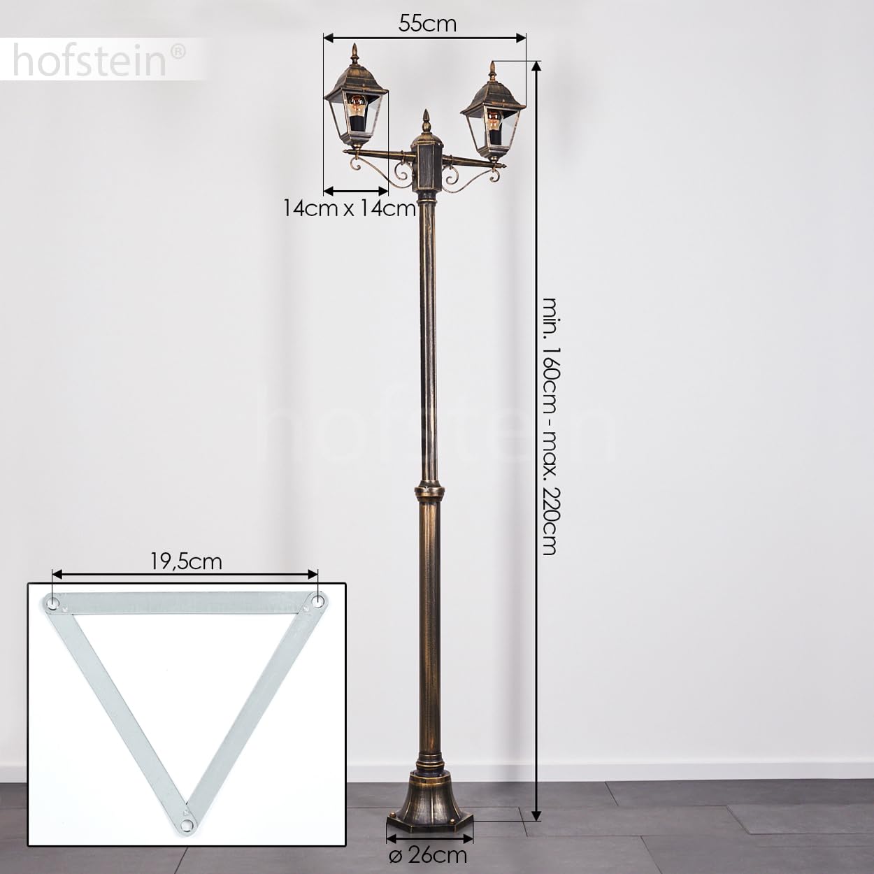 Lampa drogowa zewnętrzna Hong Kong, lampa ścieżki z metalu/szkła w kolorze czarno-złotym, przezroczysta, kandelabr w antycznym stylu, wysokość maks. 220 cm, oświetlenie ogrodowe IP44, 2 x E27, bez