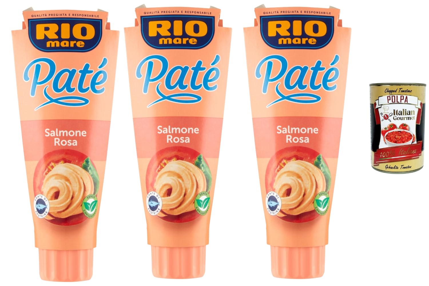 Italian Gourmet Rio Mare Paté de Saumon Rose – Tartinade crémeuse de saumon, idéale pour toasts, canapés, sandwichs & apéritif – Lot 3 x 100 g (300 g) + Italian Gourmet polpa