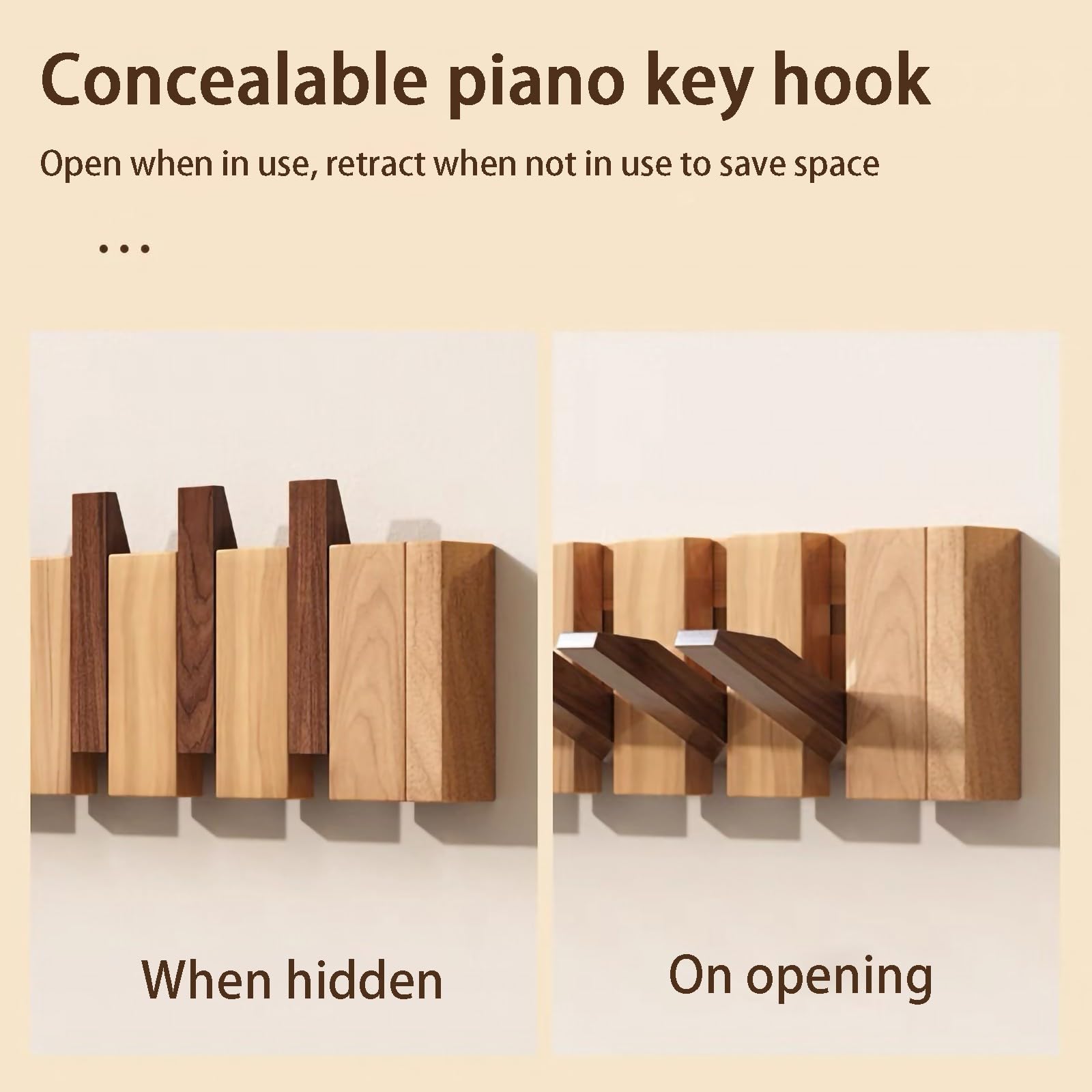 Appendiabiti da Parete in Faggio, Gancio Ribaltabile con Design a Forma di Tasto di Pianoforte, Appendiabiti Salvaspazio per Cappotti Borse e Cappelli, per Armadio Camera da Letto(Mix,8 hooks)