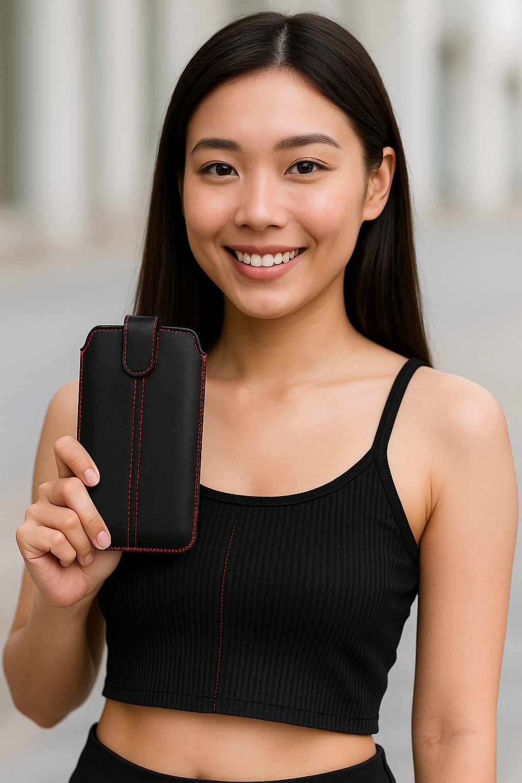 Generisch Universal 6" Handy Tasche Hülle Etui schwarz-rot/Innenmaß 15x8cm | kompatibel u.a mit Apple iPhone 12 13 14 15 16 Pro, Samsung Galaxy S23 S24 S25 S26, mit Klettverschluss & Auszugband