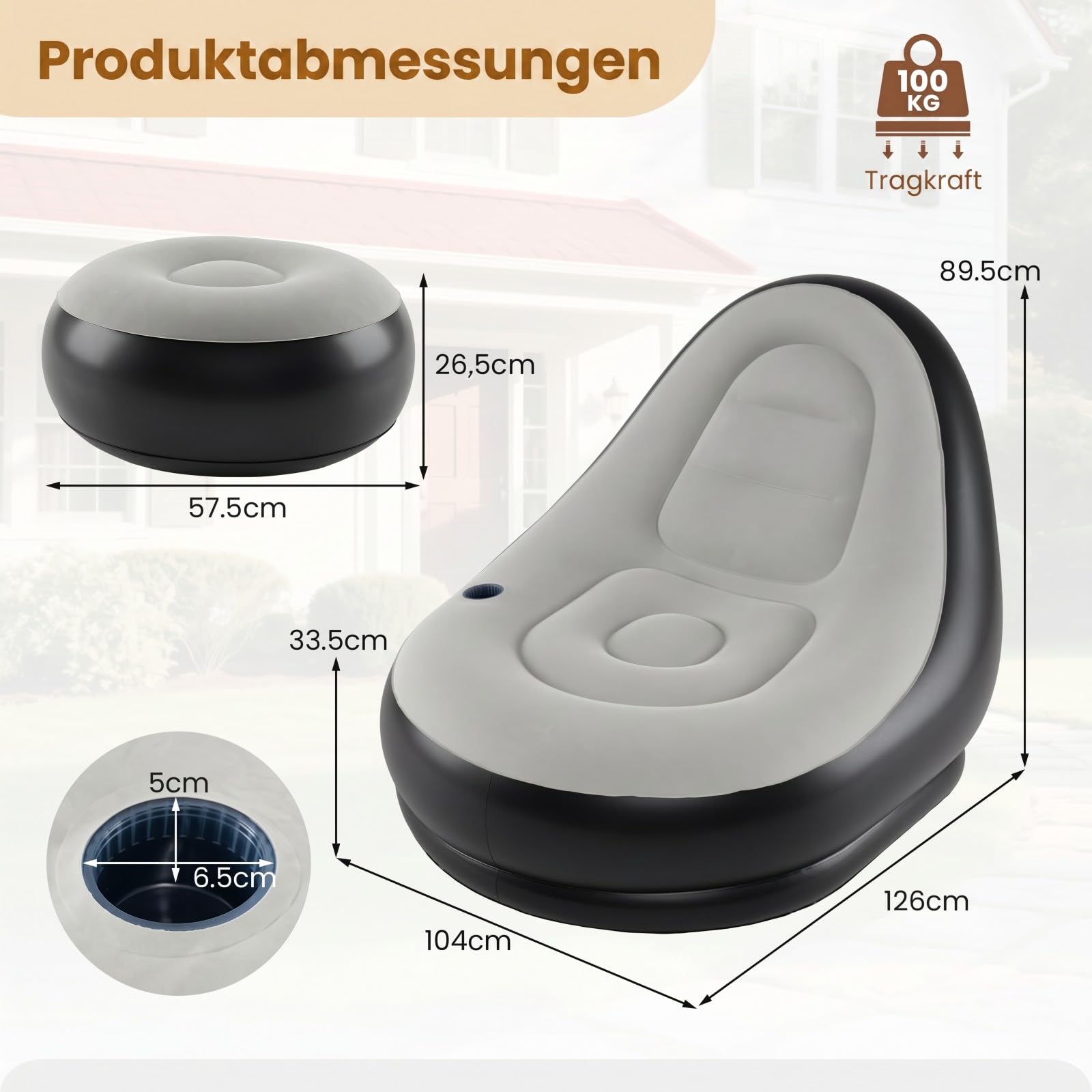 GOPLUS Aufblasbares Sofa mit Ottomane, beflocktes Luftsofa mit Getränkehalter & Reparaturflicken, tragbares Bodensofa für Innen und Außen, Sessel für Camping & Gaming