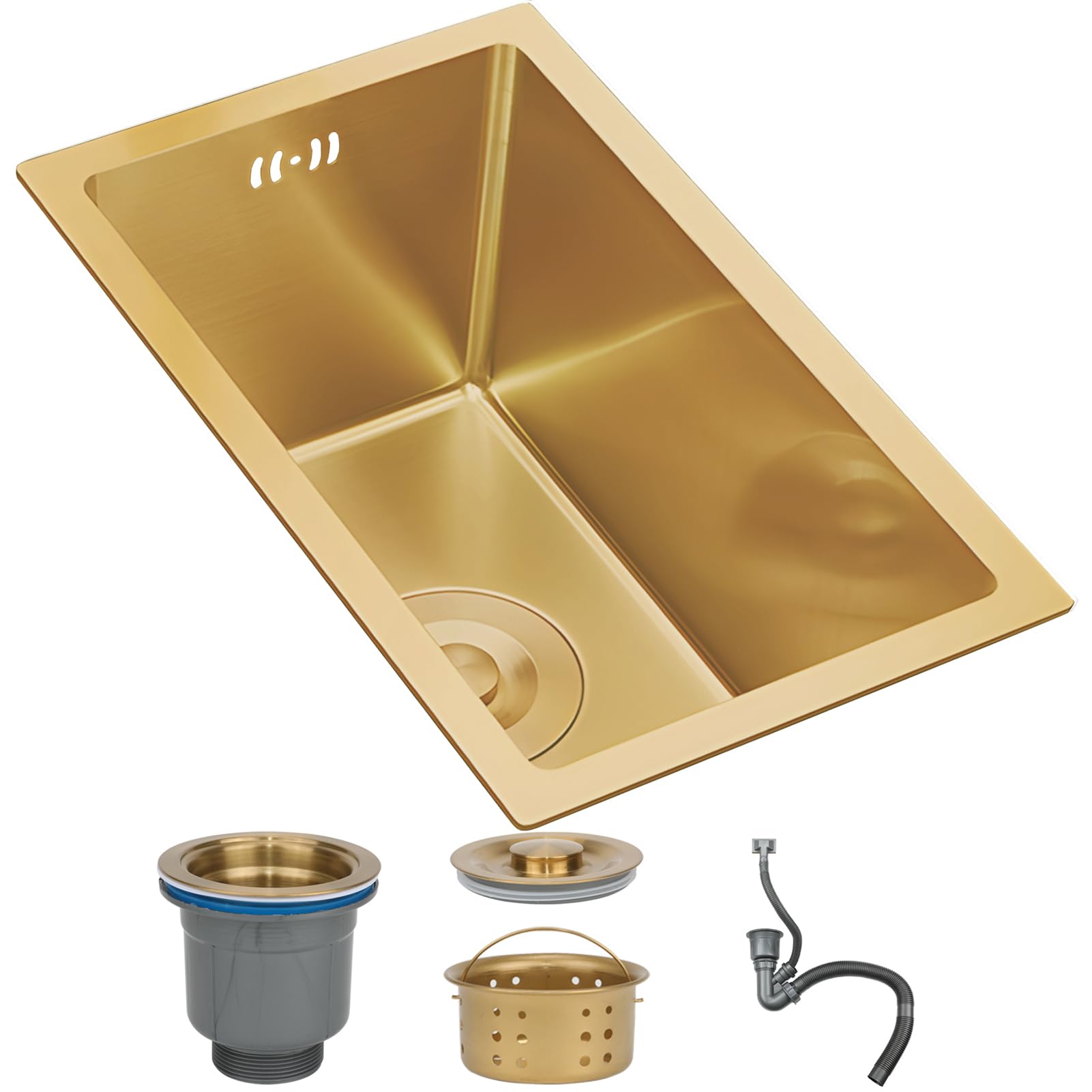 WIQUYBML Gold Stainless Steel, Single Bowl, Drop-in or Undermount Installation, Handmade Bar/Prep Sink with Easy-Clean Nano Coating & Sloped Drain, Modern Square Shape(38x26cm)
