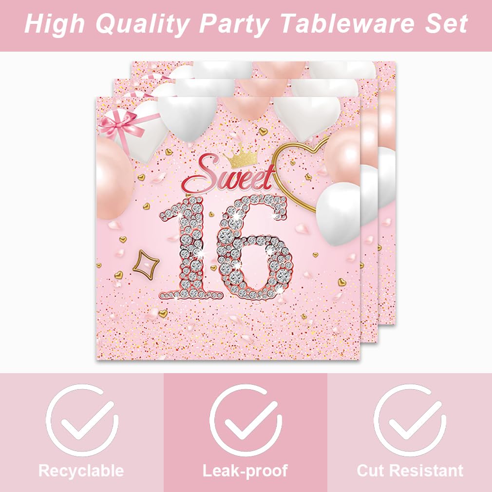 40Pack Sweet 16 Rose Gold Birthday Party Supplies, Include 20 Plates and 20 Napkins,Birthday Tableware Decorations for Girls