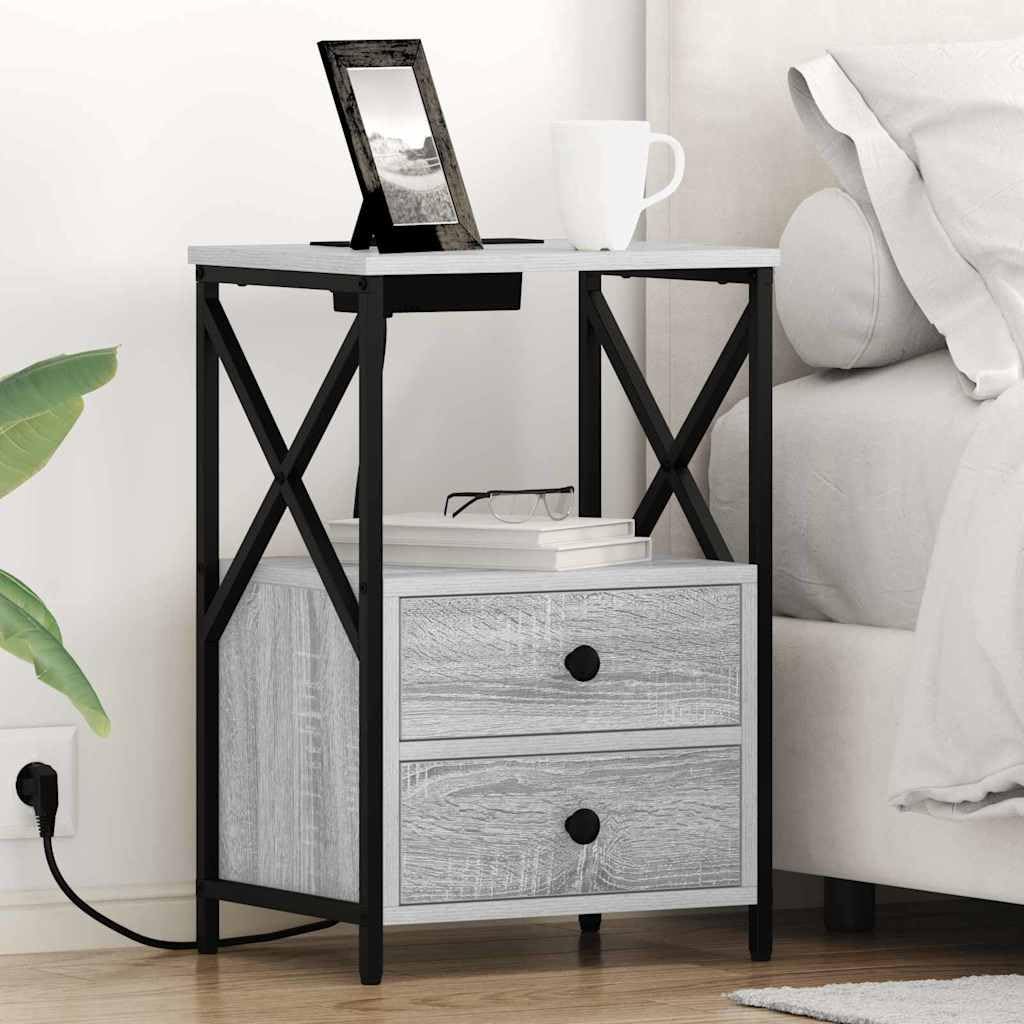 Table de chevet avec tiroir gris sonoma pour recharger vos téléphones sans câbles visibles