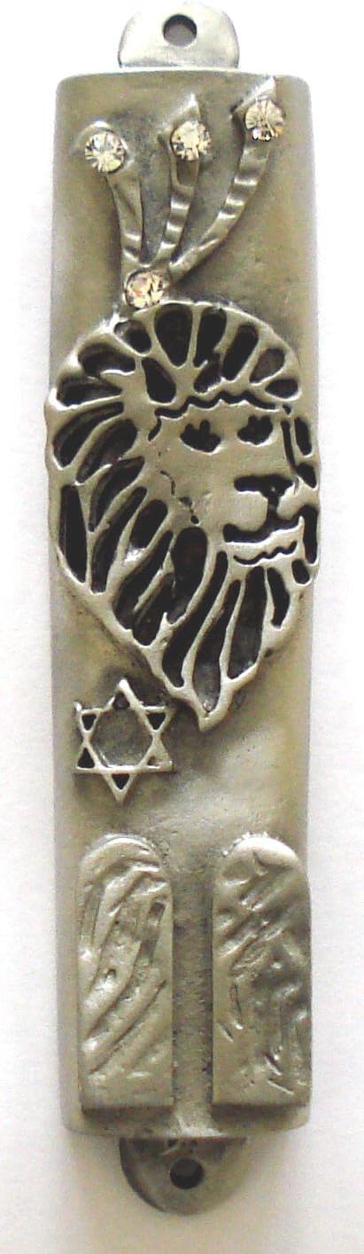 Bjcrystalgifts Pewter Mezuzah with Kosher Mezuzah Scroll - Lion Motif -Crystals - Lion Mezuzah