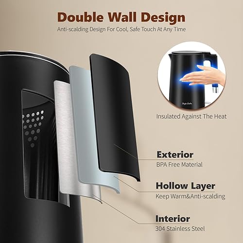 Miniatura 3 de Taylor Swoden Hervidores de té eléctricos para agua hirviendo, caldera de agua caliente de acero inoxidable de doble pared de 1.5 L con apagado