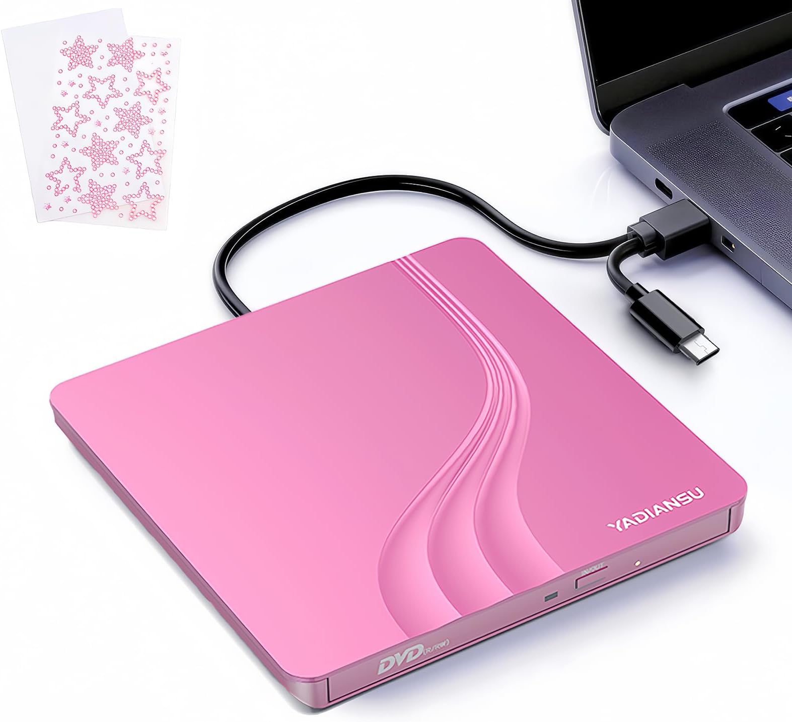 External CD DVD Drive, 0.5″ Ultra Slim USB 3.0 Type-C DVD Player, CD DVD+/-RW Optical Drive, Portable DVD CD Burner Reader Writer Recorder for Laptop, Desktop, Mac, Windows 11/10/8/7, Linux, Pink