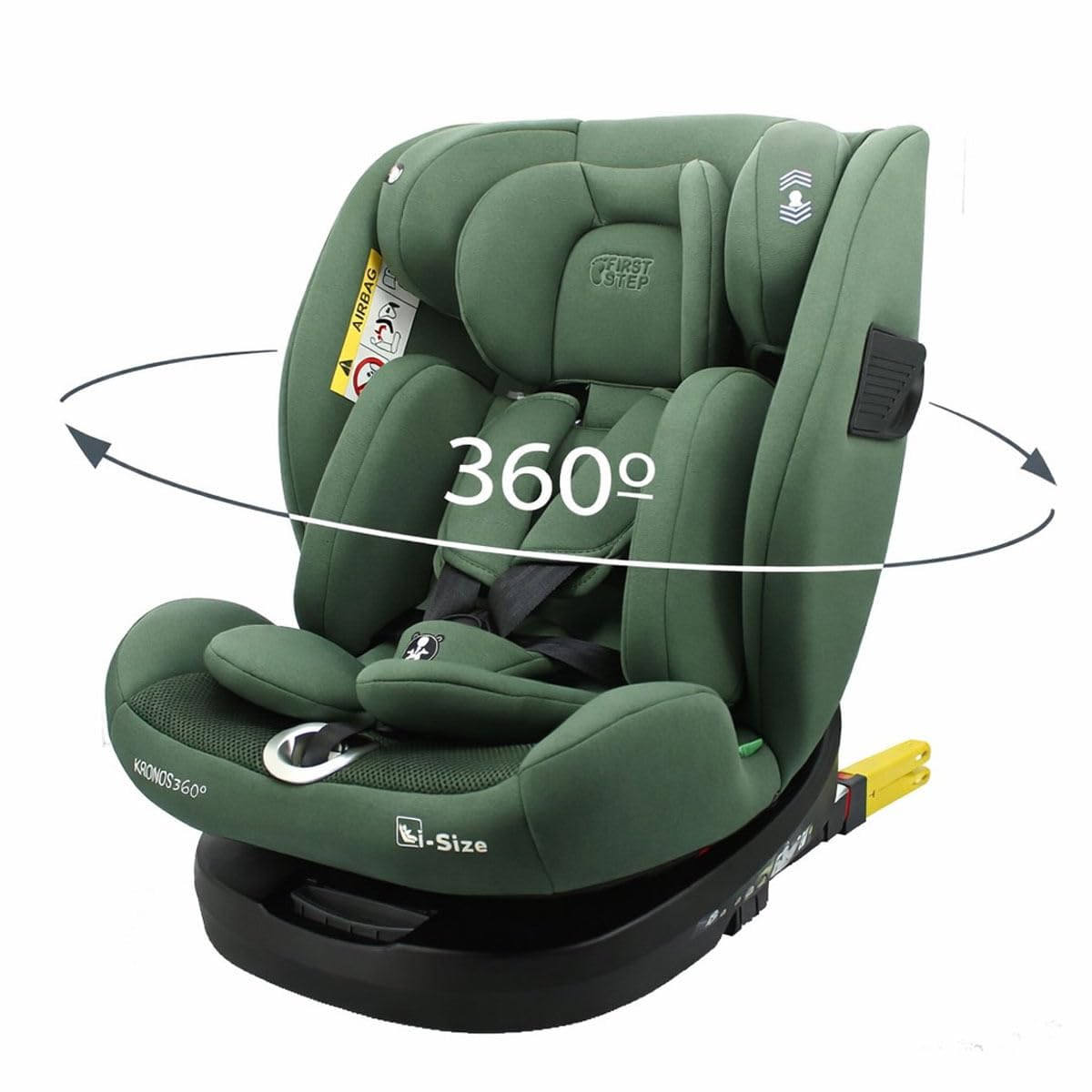 First Step Kronos 360° Silla Coche Bebé i-Size (40-150 cm), Silla Coche ISOFIX Giratoria, Grupo 0/1/2/3, Contramarcha hasta 4 Años, Reclinable 4 Posiciones, Arnés 5 Puntos, 0-12 Años, Verde Oliva
