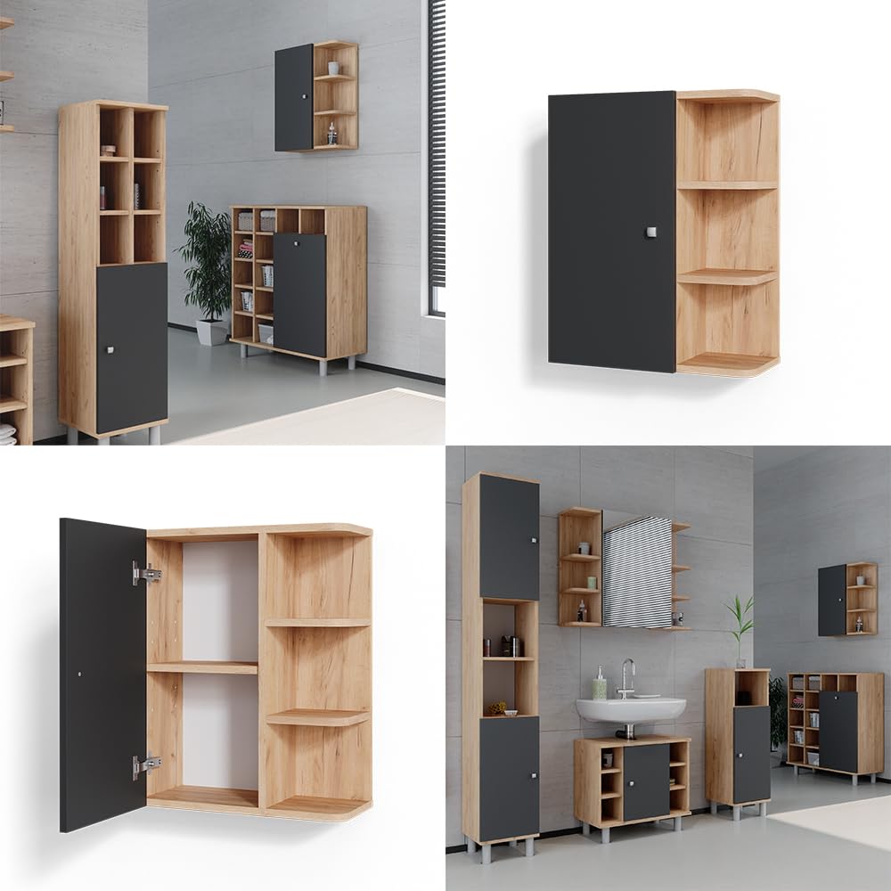 Vicco Armario de baño Fynn, Antracita, 47.2 x 59.2 cm, para Montaje en Pared con estantes Abiertos
