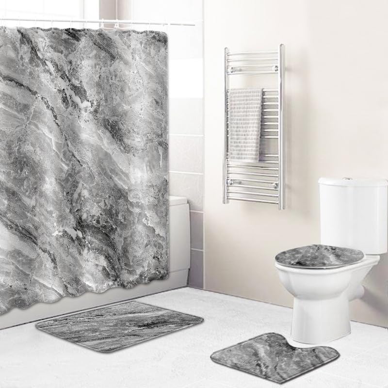 Badgarnitur 3 Teilig Badezimmerteppich Waschbar Badematte rutschfest,Wc Vorleger Mit Ausschnitt Und Badematte, Badvorleger Toilette Teppich 45X75Cm Grauer Marmor