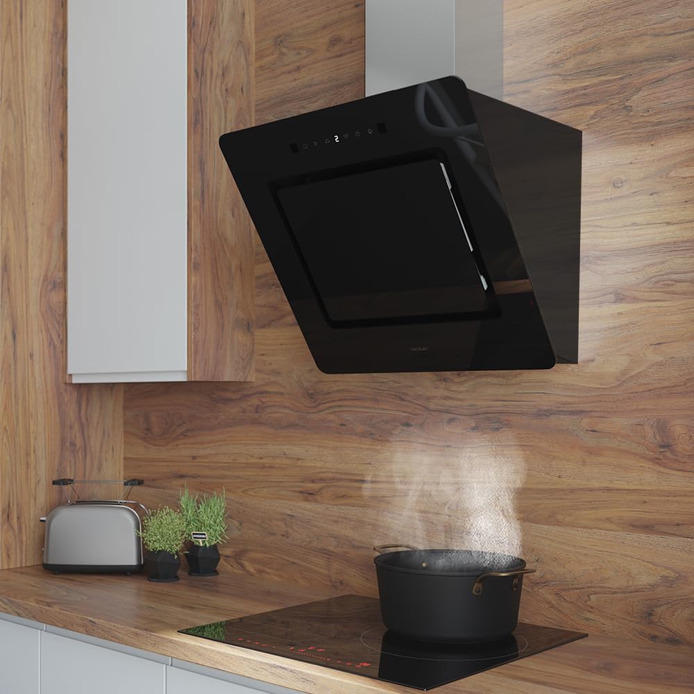 Cecotec Campana Extractora Decorativa 60 cm Bolero Flux DT 608002 Glass Black A++, 210W, Iluminación LED, Succión 800m3/h, Control Táctil, 3 Niveles, Filtro Carbono, Hand Movement, Delay Function