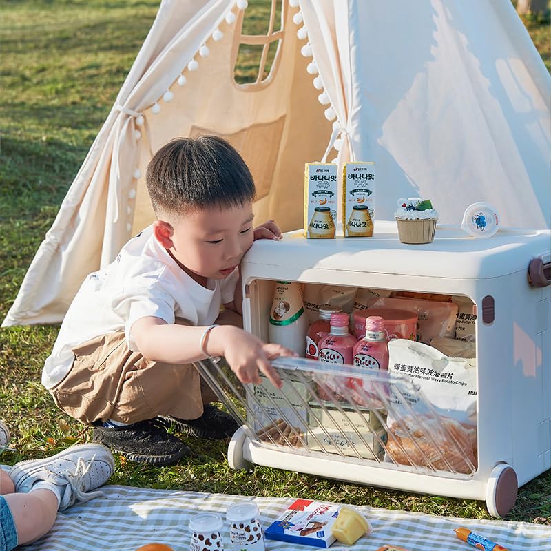 Mrbin Collapsible Kids Toy Storage Bins with Lids and Handle, Cubby Rectangle Cute Totes Clothing Plastic Box on Wheels, Nursery Organizer Chest for Living Room, Classroom, Pantry, Playroom, White