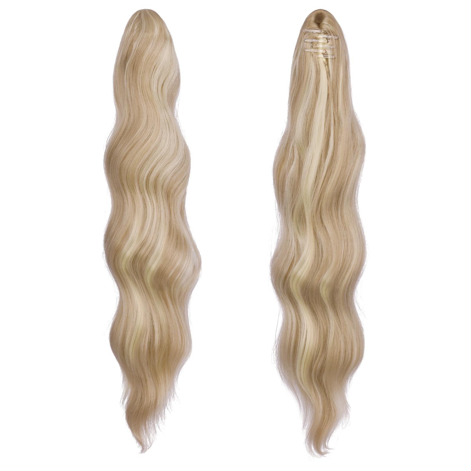 FESHFEN Ponytail Extensions 20 inch Long Wave Ponytail Claw Clip in Pony Tail Hair Extensions Dark Ash Blonde Mixed Bleach Blonde Wavy Ponytails Synthetic Hairpieces for Women Girls - Image 2