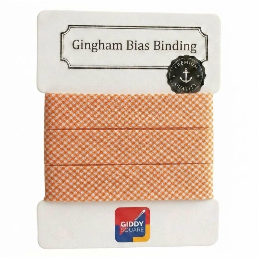 Premium Yarn Dyed Polycotton Gingham Bias Binding Tape 20mm Orange Small Gingham 3m - Strong Smooth Hardwearing Woven Check Trim for Quiting & Garment Edging- Machine Washable - Giddy Square