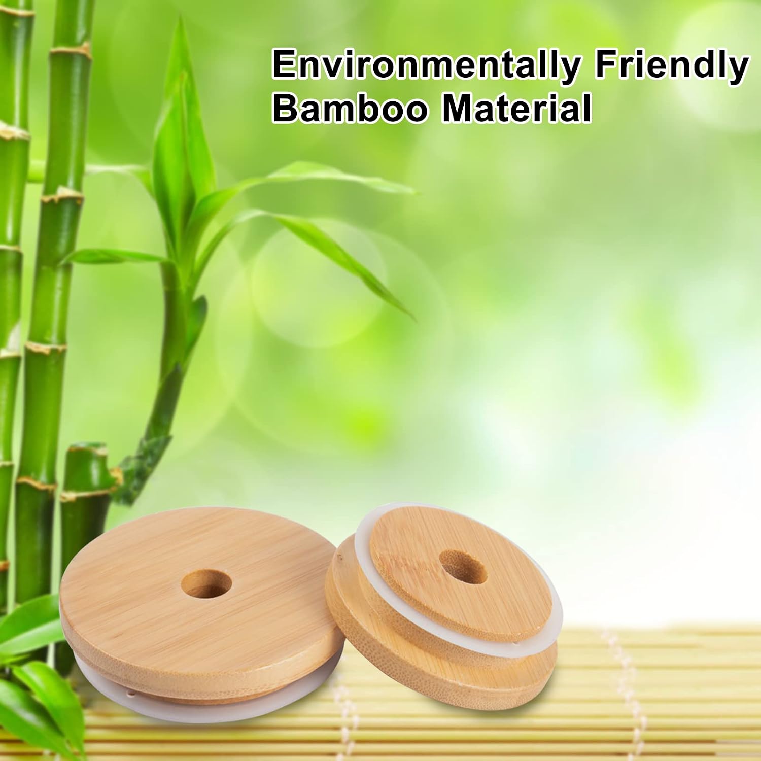 Bamboo Mason Jar Lids and Glass Straws- 2.7" and 3.4" Reusable Mason Cup Tops with Straw Hole Bronze Glass Straws in Straight and Curved Shapes Suitable for Regular & Wide Mouth Mason Jars