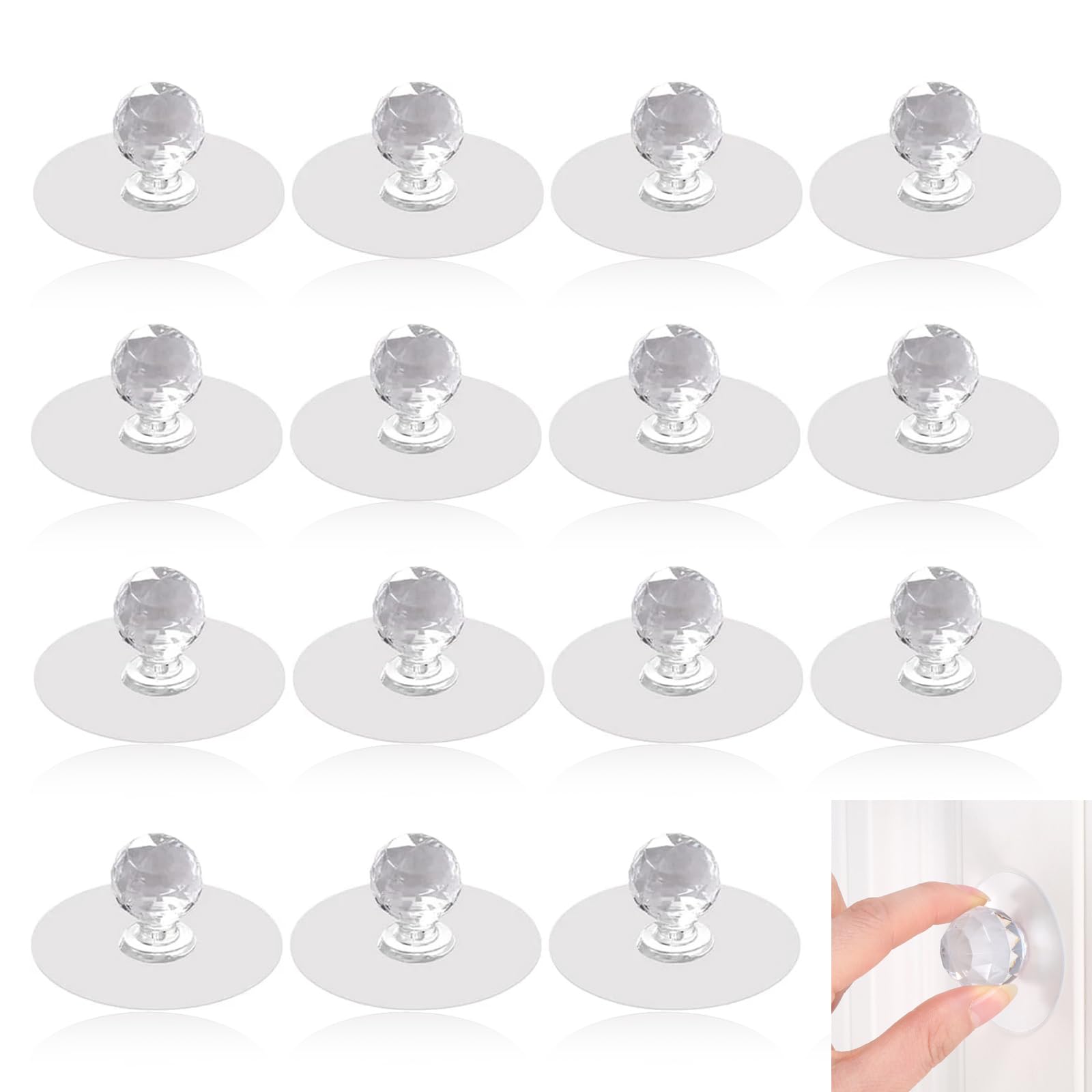 BRIOTA 15Pcs Cabinet Drawer Stick on Handles, No Drill Self Adhesive Acrylic Crystal Door Knobs Diamond Shaped Knobs for Wardrobe Kitchen Cupboard Bookcase Window Dresser Furniture Door Bathroom