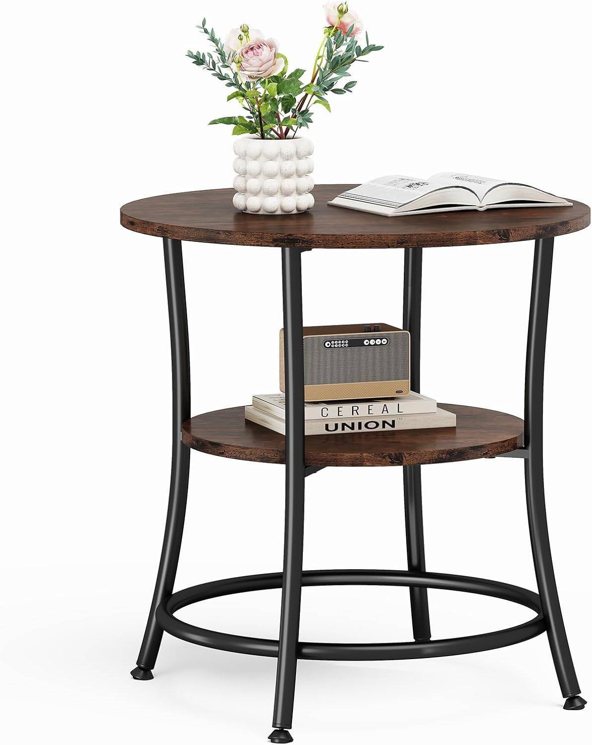 DUMOS Side Round Table for Living Room, 2-Tier Accent End Table with Storage Shelf,Sturdy Metal Frame Nightstand for Small Space, Round Bedside,Rustic Brown and Ink Black