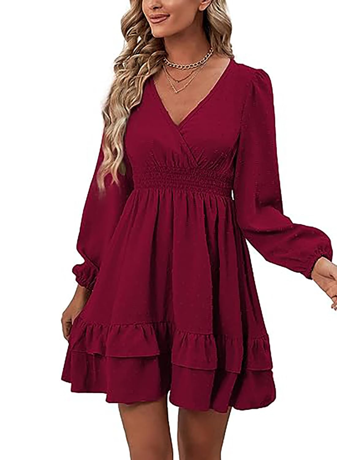 MAFA Damska minisukienka z dekoltem w serek, linia A, elegancka, wysoka talia, długi rękaw, sukienka na, burgundowy, XL