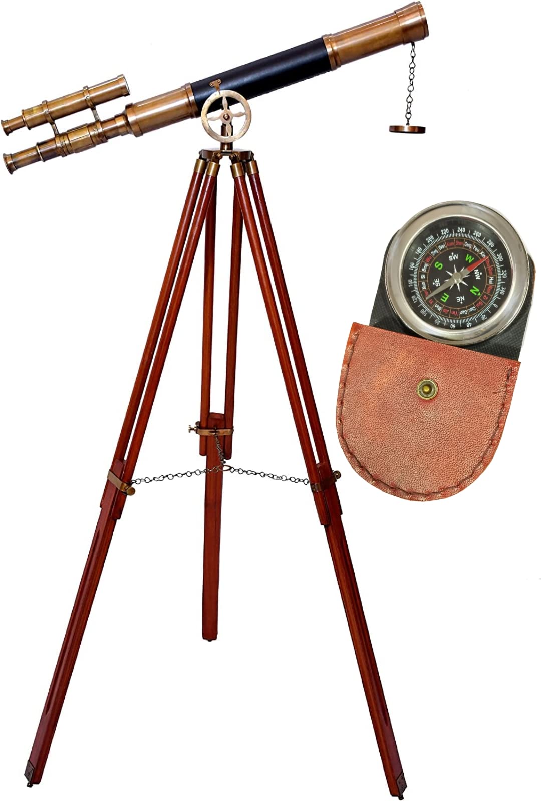 Photo 1 of Nautical Black Leather Designer Telescope Brass Antique Finish Double Barrel W/Wooden Tripod Floor Standing Telescope - Navirock